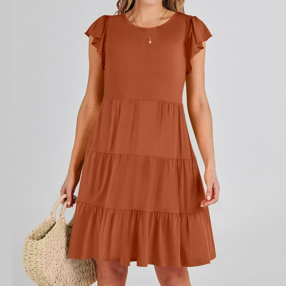 Cagogo Women's Summer Spring Short Mini Tiered Dresses Under $5 Casual Ruffle Short Sleeve Scoop Neck Pockets Curvy Dresses Flowy Aline Swing Elegant Black Dresses Clothes