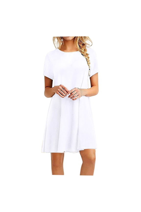 Womens Casual Loose Short Sleeve Beach Dresses Under $10 Summer Spring Crew Neck Tunic Plain Swing Flowy Mini T Shirt Dress Boho White Bridal Shower Dresses