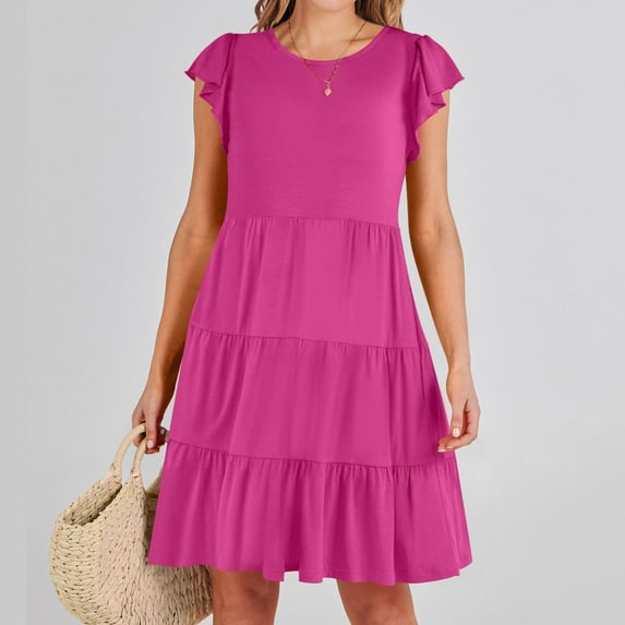 Cagogo Womens Casual Ruffle Short Sleeve Beach Party Dress Under $10 Summer Spring Scoop Neck Pockets Flowy Aline Swing Short Mini Tiered Dress Trendy Outfits Church Dress