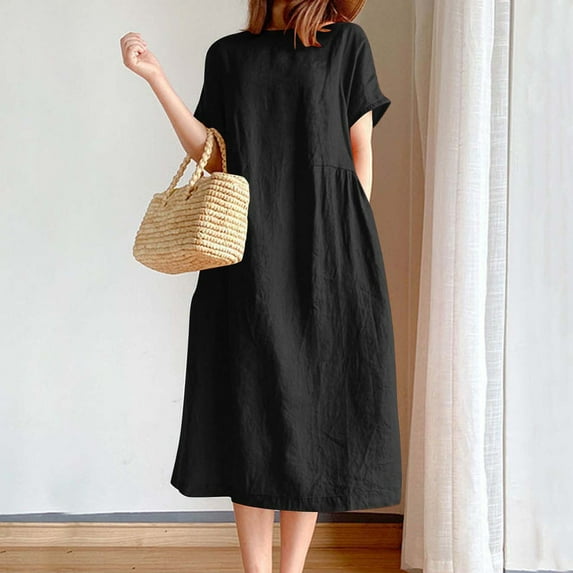Cagogo Womens Petite Dresses Summer Under $5 Casual Loose Crewneck Short Sleeve Linen Flowy Swing Tunic Maxi Long Cotton Dress Trendy Outfits Formal Dresses