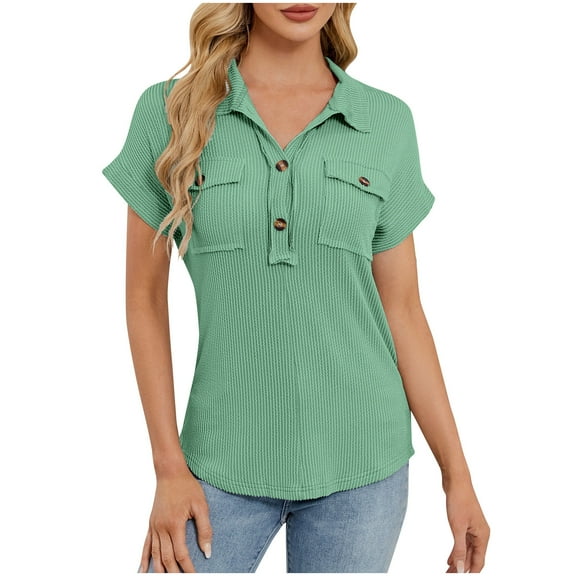 Abomasnow Spring Summer Tops for Women Slim Fit Button Down Lapel Ribbed Kintting Blouses Dressy Casual Short Sleeve V Neck T-Shirts