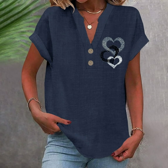 of The Week Clearance V Neck T Shirts for Women Loose Button Up Short Sleeve Shirts Boho Trendy Summer Tops 2025 Elegant Solid Color Casual Basic Blouses Fashion of The Week Clearance