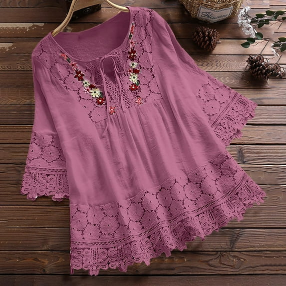 Pitauce Summer Tops for Women Lace Patchwork Hollow Out V Neck Lace-Up 3/4 Sleeve Shirts Solid Color Casual Loose Plus Size Tops Blouses
