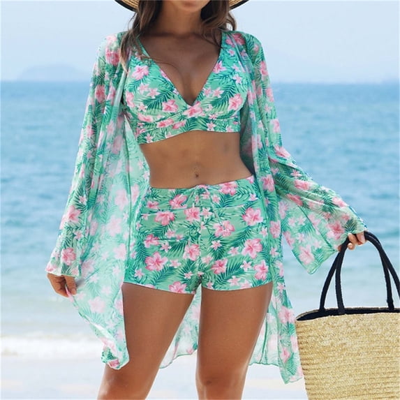 Abomasnow Bathing Suit Cover up for Women Summer Hawaiian Swimwears Beach Coverups Set 3 Piece Long Sleeve Bimono Cardigan with Bikini Outfits