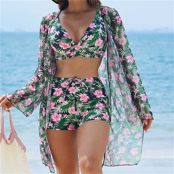 Abomasnow Bathing Suit Cover up for Women Summer Hawaiian Swimwears Beach Coverups Set 3 Piece Long Sleeve Bimono Cardigan with Bikini Outfits