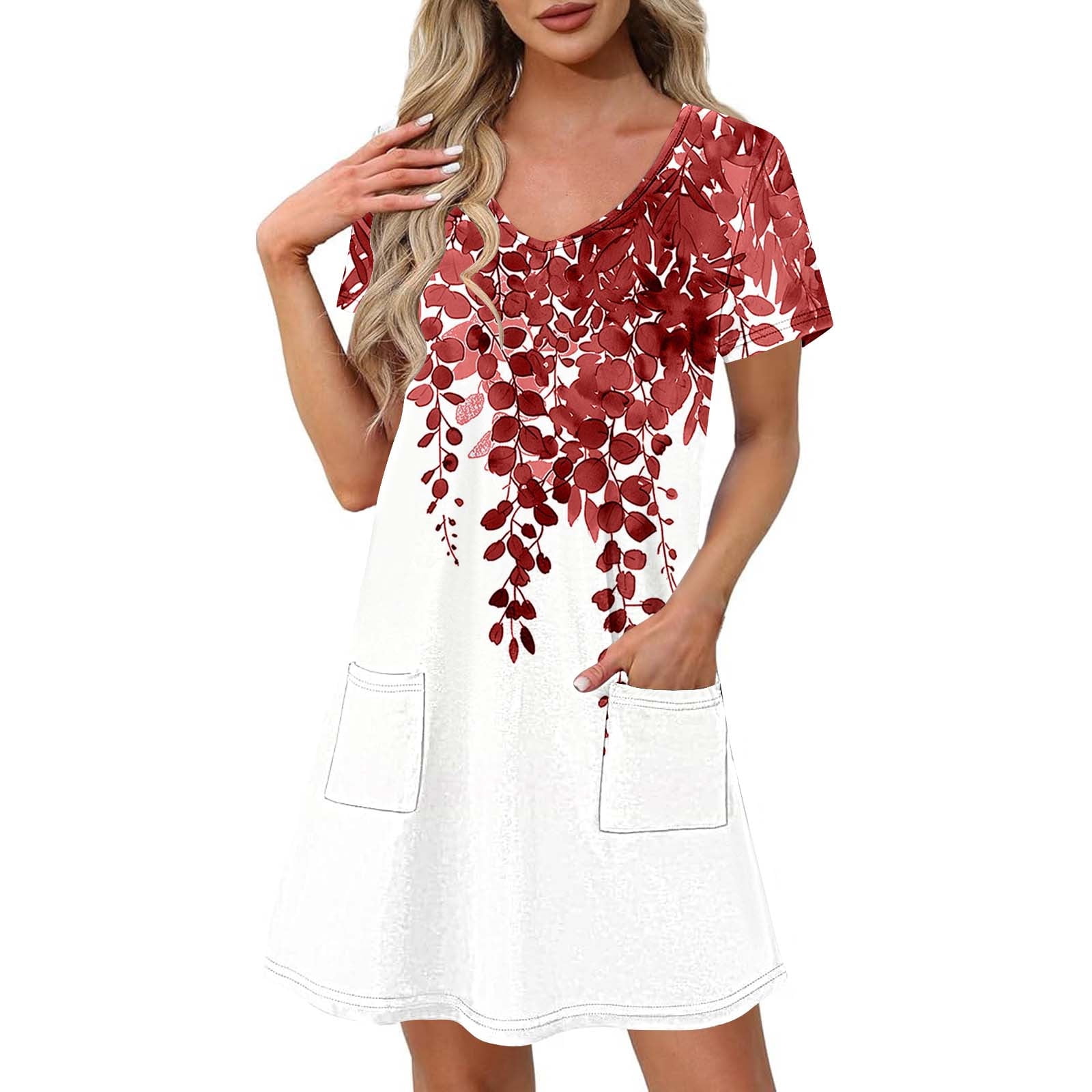 V-Neck T-Shirt Dress – Casual Short Sleeve A-Line Swing Tunic With Poc – Azules