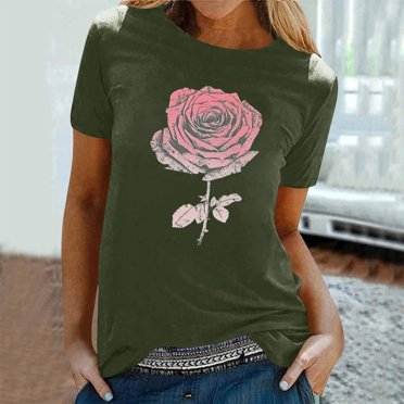 Deals of the Week Wuchoa Women Shirt Summer Clearance Under $5 Loose Fit Round Neck Comfy Rose Graphic Short Sleeve Loose Fitting Tunic Tops for Leggings Cute Black Tunic Tops Mother Day Gifts