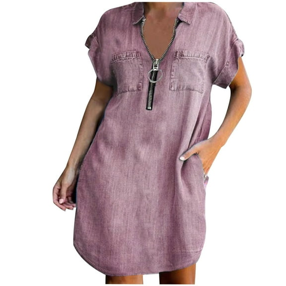 Xqxayjr Ladies Casual Midi Tunic Denim Shirt Sun Dress Under $10 Summer Short Sleeve Wedding Guest Dress Vintage Zip Front Holiday Sun Dress Gifts for Mom