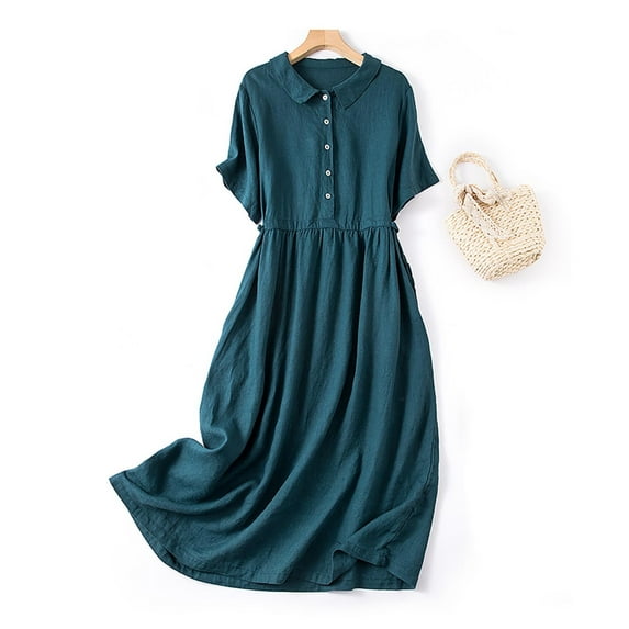 Xqxayjr Ladies Casual Vintage Cotton Linen Pleated Flowy Midi Sun Dresses Under $5 Summer Short Sleeve Graduation Dress Round Neck Holiday Western Dress Mother's Day Gifts