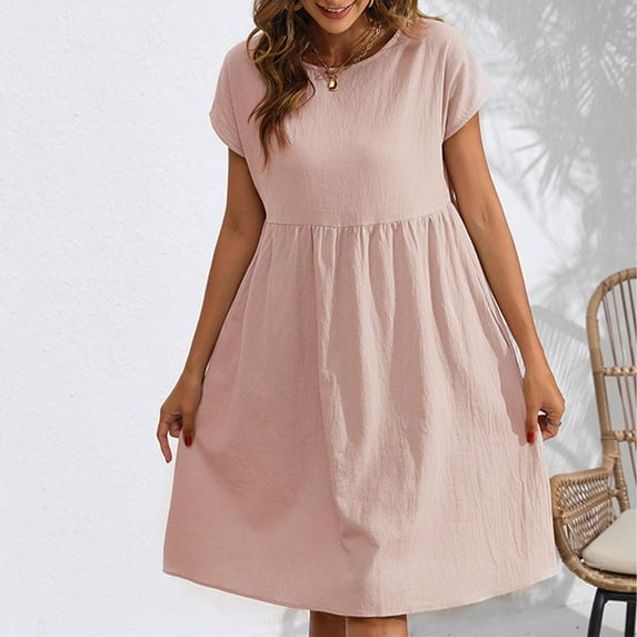 Xqxayjr Ladies Plus Size Short Sleeve Petite Dresses Under $10 Summer Crewneck Linen Cotton Tshirt Knee Length Midi Flowy Sun Dresses Sexy Black Evening Dress