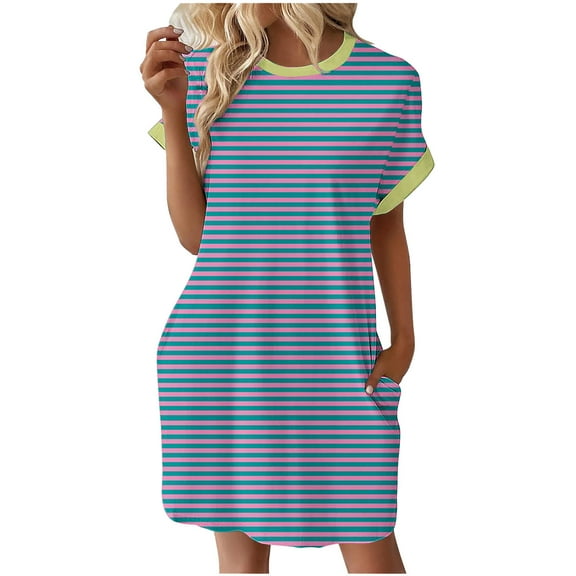 Xqxayjr Ladies Plus Size Short Sleeve Wedding Guest Dresses Summer Spring Crewneck Striped Flowy Pocket Knee Length Midi Swing Tshirt Dresses Hide Belly Church Dress