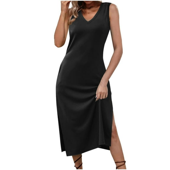 Xqxayjr Ladies Summer Flowy T Shirt Side Slit Long Tshirt Sun Dresses Party Dresses Under $5 Plus Size Sleeveless V Neck Maxi Holiday Outfits Formal Dresses Birthday Gift