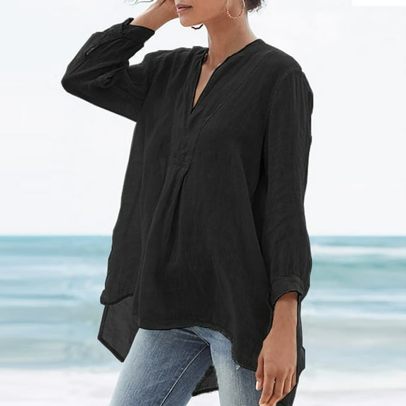 Xqxayjr Loose Fit Shirts for Women Under $5 Summer Tops Cotton Linen Plus Size 3/4 Length Sleeve Blouses V Neck Flowy Cute Spring Tunic Tops Birthday Gifts
