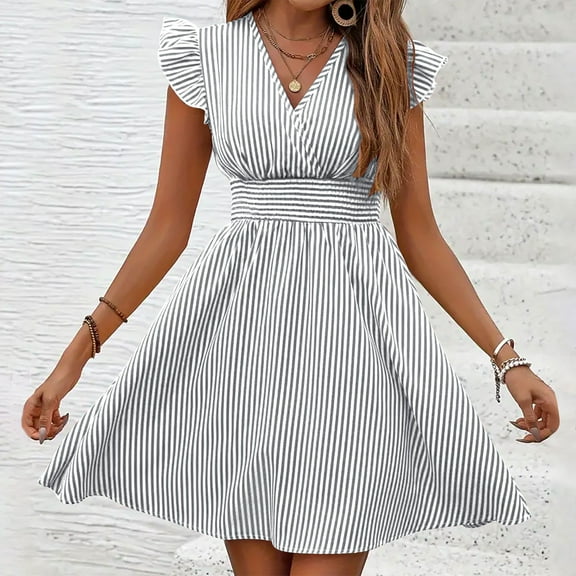 Xqxayjr Summer Casual 2025 Short Mini Sun Dresses for Women Under $5 Ruffle Sleeveless Aline Swing Flowy Graduation Dresses Striped V Neck Hide Belly Cocktail Dresses