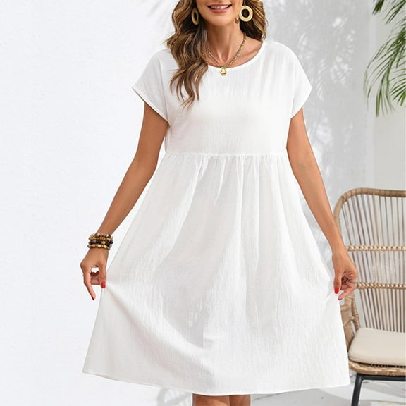 Xqxayjr Summer Knee Length Midi Flowy Sun Dress for Women Casual Loose Short Sleeve Crewneck Vacation Dresses Linen Cotton Tshirt Cute White Vestidos Casuales Para Mujer