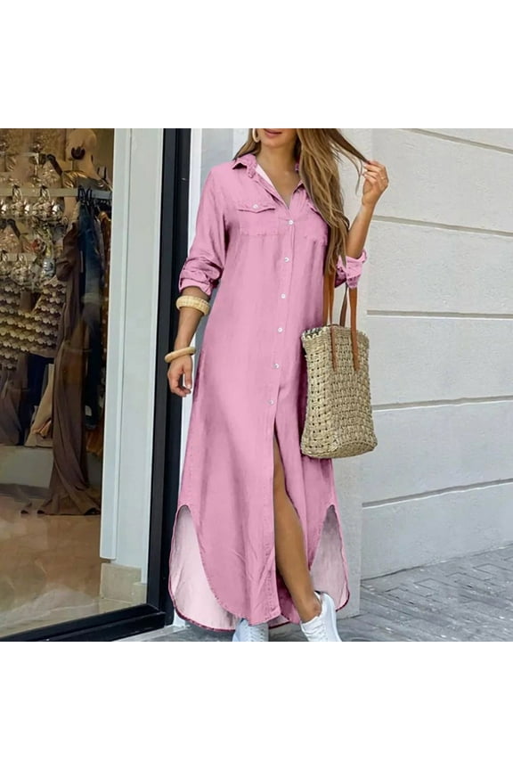 Summer Plus Size Maxi Long Shirt Sun Dresses for Women Under $5 Long Sleeve Cotton Linen Wedding Guest Dress Button Down Tunics Elegant Cocktail Dresses