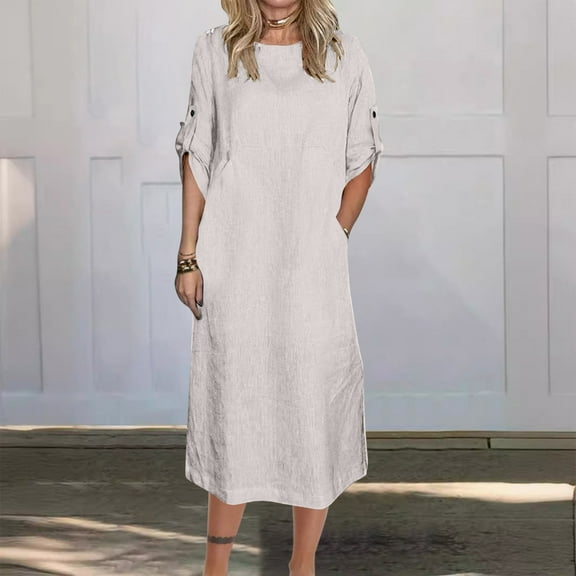 Xqxayjr Summer Plus Size T-Shirt Tunic Midi Dresses for Womens 3/4 Rolled-Up Sleeve Vintage Cotton Linen Beach Dresses Round Neck Cute Spring Bridal Shower Dresses