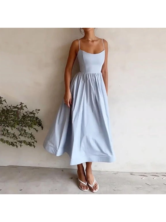 Summer Spring High Waist Aline Swing Maxi Long Swing Pleated Dresses for Women Homecoming Dresses Casual Spaghetti Strap Scoop Neck Boho White Dresses Clothes
