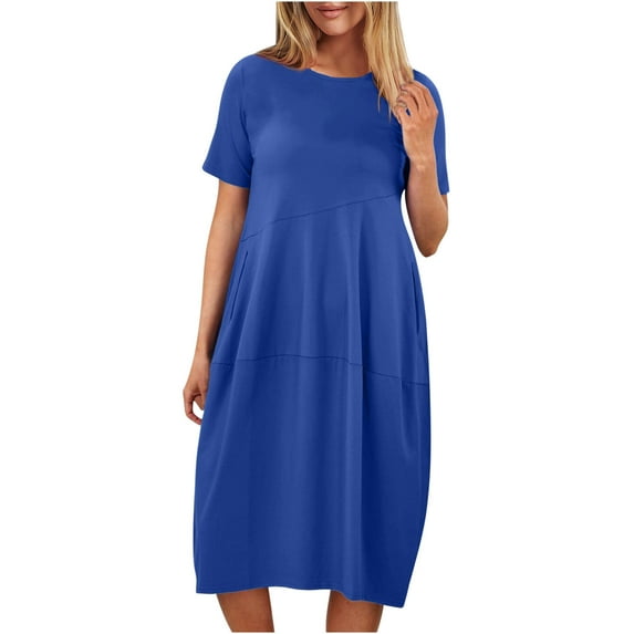 Xqxayjr Summer Swing Flowy Short T Shirt Dresses for Women Homecoming Dresses Under $5 Plus Size Short Sleeve Tunic Round Neck Pockets Going Out Funaral Dresses