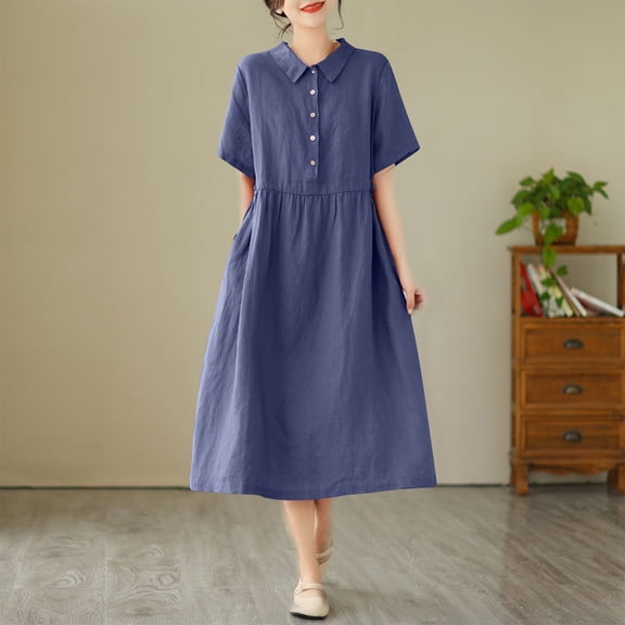 Xqxayjr Women Casual 2025 A Line Flowy Tunic Midi Plain Sun Dresses Summer Short Sleeves Cotton Homecoming Dresses Button Down Linen Holiday Outfits Dresses Clothes