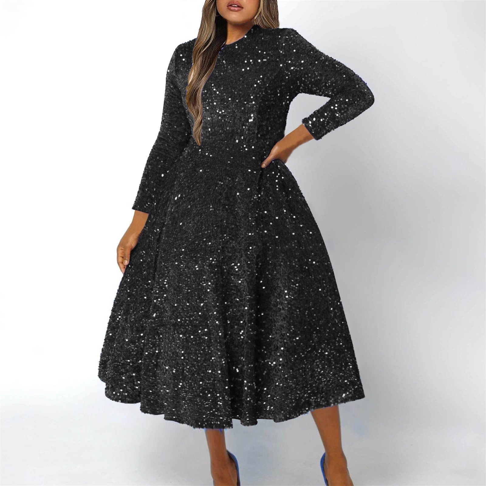 Xqxayjr Women Plus Size A Line Swing Glitter Sequin Midi Dress Under $5  Summer Long Sleeve Sparkly Petite Dresses Scoop Neck Boho White Evening  Dress - Walmart.com