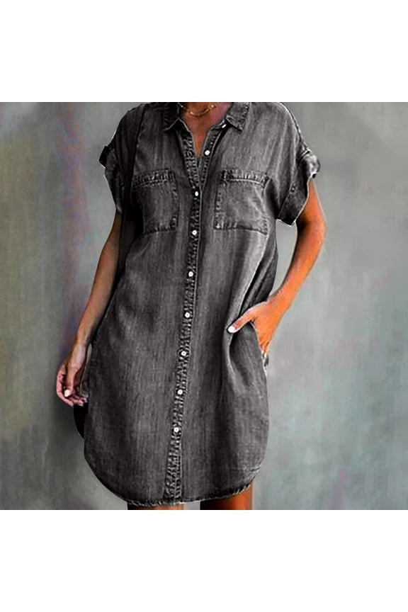 Women Summer Denim Shirt Sun Dresses Under $5 Plus Size Short Sleeve Vintage Button Down Vacation Dress Midi Tunic Elegant Sun Dresses Mother's Day Gifts for Mom