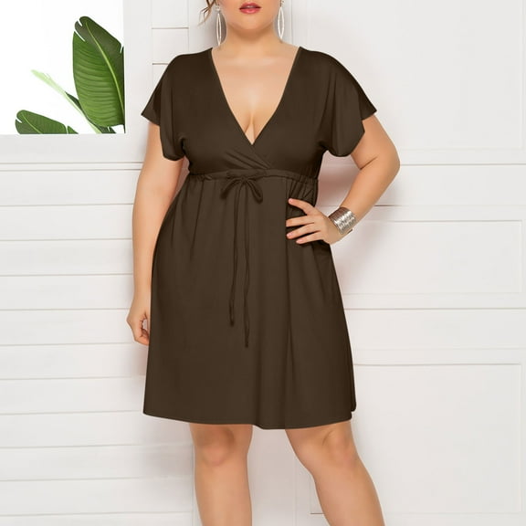 Xqxayjr Women Summer Plus Size Sexy Midi Dress Under $10 Short Sleeve Low Cut High Waisted Flowy Party Dresses Wrap V Neck Holiday Outfits Cocktail Dresses