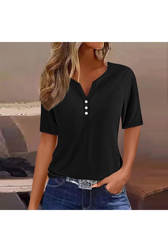 Women's Loose Fit T Shirts Under $5 Summer Tops Solid Color Short Sleeve Tunic Tops V Neck Button Spring Blouses Mothers Day Gifts