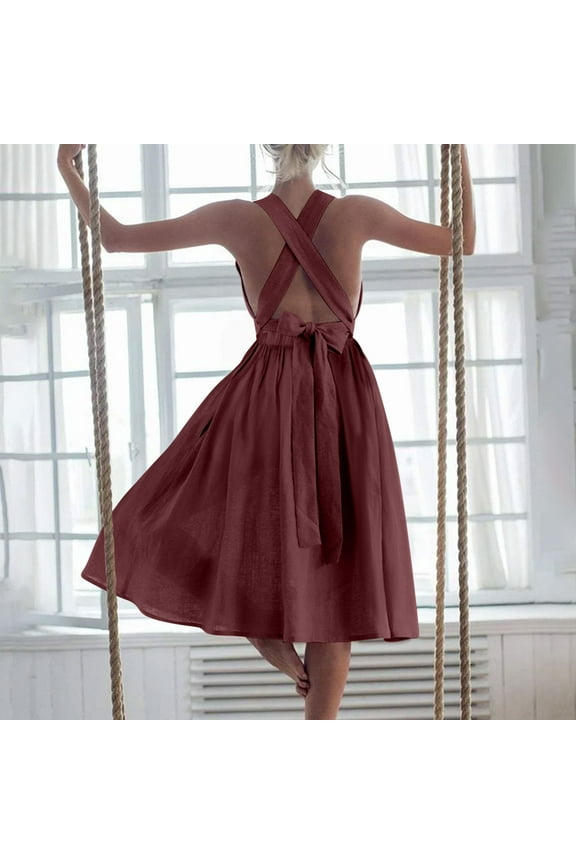 Women's Summer Maxi Long Criss Cross Sundresses Casual Cotton Linen Sleeveless Open Back Square Neck Beach Party Dress Aline Flowy Swing Sexy Black Evening Dress