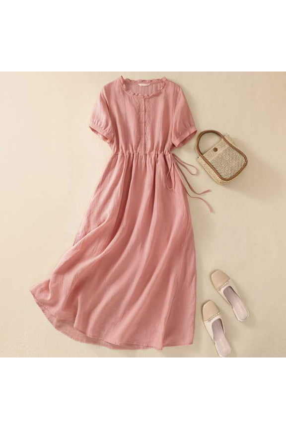 Women's Summer Pleated Flowy Midi Dresses Under $10 Casual Loose Short Sleeve Round Neck Party Dresses Vintage Cotton Linen Cute Spring Western Dress