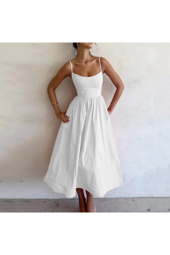 Women's Summer Plus Size Maxi Long Swing Pleated Sundresses Spaghetti Strap High Waist Aline Swing Beach Party Dress Scoop Neck Going Out White Formal Dresses