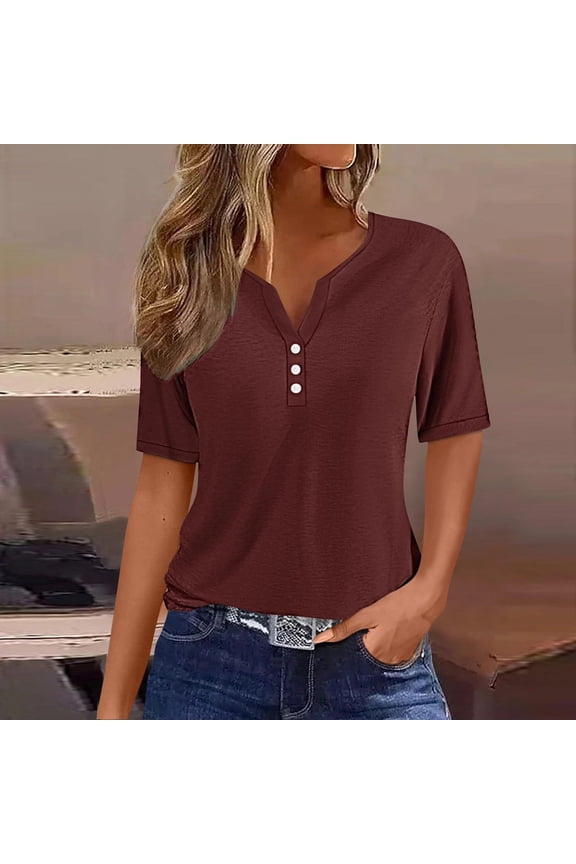 Womens Short Sleeve Tunic Tops Summer Under $5 Plus Size Solid Color T Shirts V Neck Button Going Out Tops Graduation Gifts