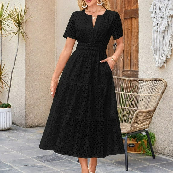 Deals of the Week Yrmaups Plus Size Short Sleeve Graduation Dresses for Womens Summer Spring V-Neck Eyelet Swing Keyhole Ruffle Elastic Waist Aline Midi Dresses Cute White Cocktail Dresses
