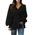 thumbnail image 1 of Women Ruffle Long Sleeve Dressy Top V Neck Elastic Tunic Waist Pleated Cute Tunic Blouses Fall Casual Office Tee (XL, Black), 1 of 1