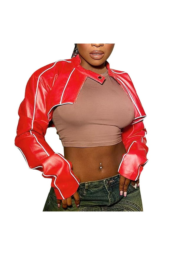 Women's Cut Out Asymmetric Mock Neck Faux PU Leather Crop Jacket Zipper Trendy Y2K Motorcycle Clubwear Streetwear Red,M