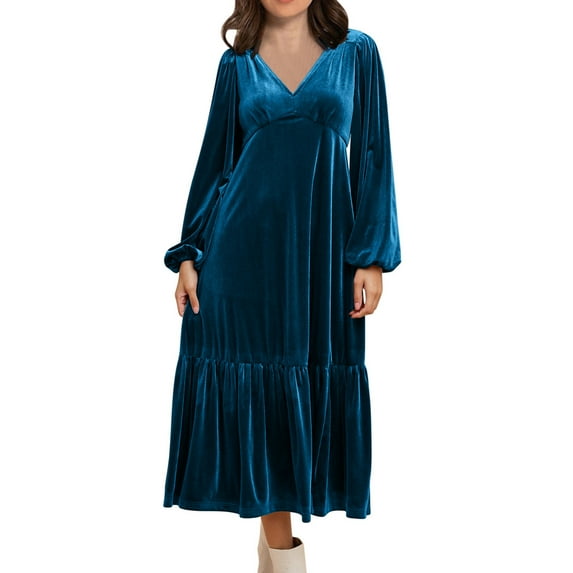 Deals Women's Dressy Dress Puff Long Sleeve V Neck Tiered Casual Loose Velvet Dress Trendy Cocktail Party Night Elegant Midi Dress Blue,S