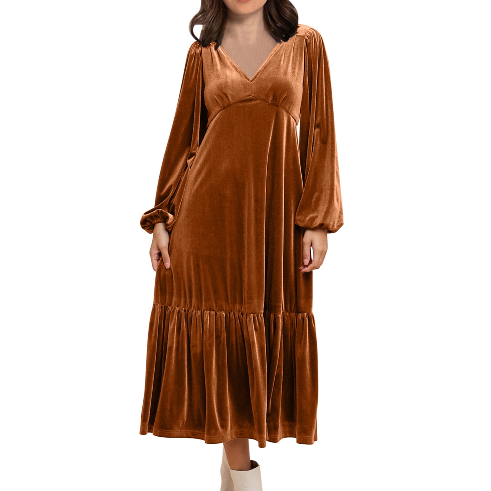 Women's Dressy Dress Puff Long Sleeve V Neck Tiered Casual Loose Velvet Dress Trendy Cocktail Party Night Elegant Midi Dress Yellow,M