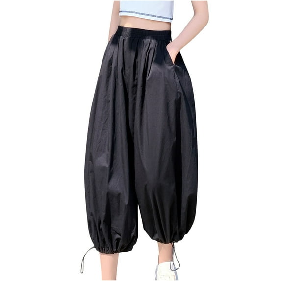 Women's Harem Pants Elastic Waist Solid Color Double-pocket Summer Casual Workwear Pants Drawsting Ankle Lanterns Pants(Free Size,Black)