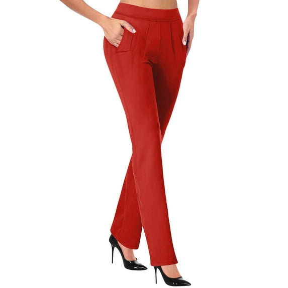 Women's High Waist Stretchy Pants Slim Fit Straight Leg Bootcut Solid Trendy Casual Ruffled Long Pants Red,XL