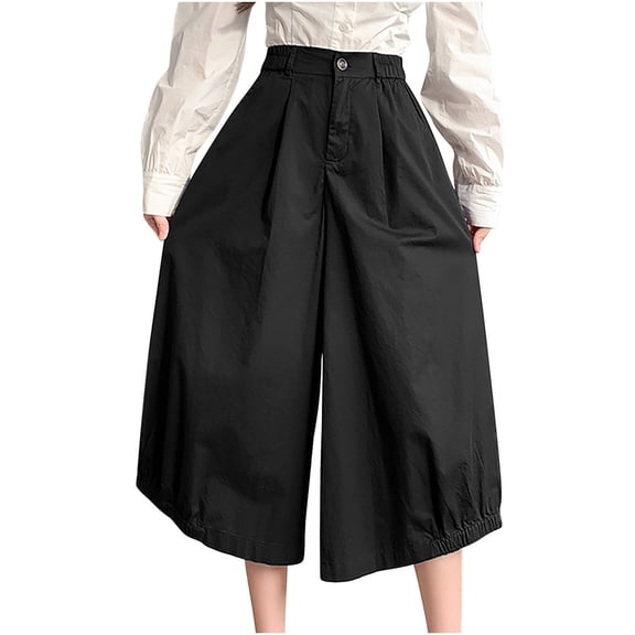 Women's Lantern Pants Summer Solid Casual Elastic Waist Wide Leg Dress Pants with Pockets Loose Fit Capris Free Size(Free Size,Black)