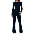 thumbnail image 1 of Women's Open Back Long Sleeve Flared Bottom Pants Romper Bodycon Jumpsuits Navy,M, 1 of 7