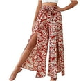 thumbnail image 1 of Women's Split Elastic Waist Wide Leg Tie Front Wrap Print Long Pants Beach Drawstrings Casual Trousers (XL, Pink), 1 of 5