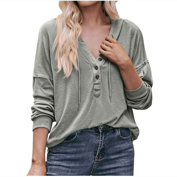 Women's V-Neck Long Sleeve Hoodies Solid Color Drawstring Sweatshirts Loose-Fit Casual Button Pullover