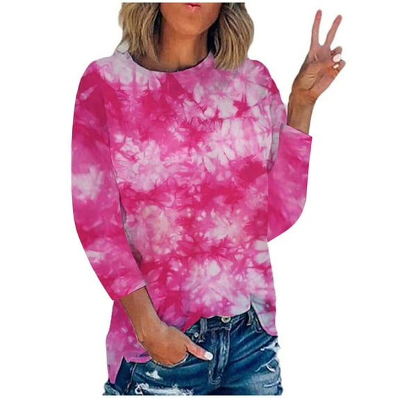 Women's Winter Long Sleeve Tops Crew Neck Tie-Dye Pullover Casual Loose-Fit T-Shirts Blouse