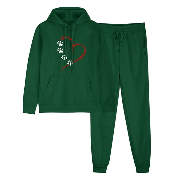 Womens 2 Piece Outfits Heart Print Hoodie Sweatsuit Sets Loose Comfy Sweatshirt Fall Fashion Sweatpants with Pockets (2XL, Green 02)