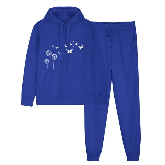 Womens 2 Piece Outfits Heart Print Hoodie Sweatsuit Sets Loose Comfy Sweatshirt Fall Fashion Sweatpants with Pockets (L, Blue 04)