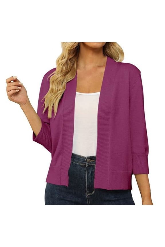 Womens 3/4 Sleeve Open Front Cropped Cardigan Sweater Lightweight Rib-Knit Short Shrugs for Fall Winter Spring (XL, Red 02)