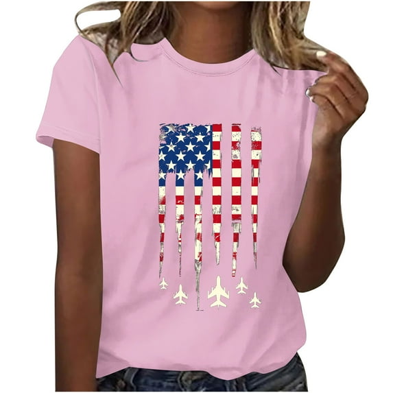 Womens 4Th of July Summer T-Shirts Round Neck Short Sleeve Tops American Flag Printed Tunic Tops Pullover Sweater Blouses Patriotic T-Shirts Retro Dressy Tops Shirt Going Out Beach Outfits