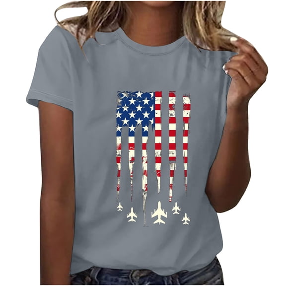 Womens 4Th of July Summer T-Shirts Round Neck Short Sleeve Tops American Flag Printed Tunic Tops Pullover Sweater Blouses Patriotic T-Shirts Retro Dressy Tops Shirt Going Out Beach Clothes