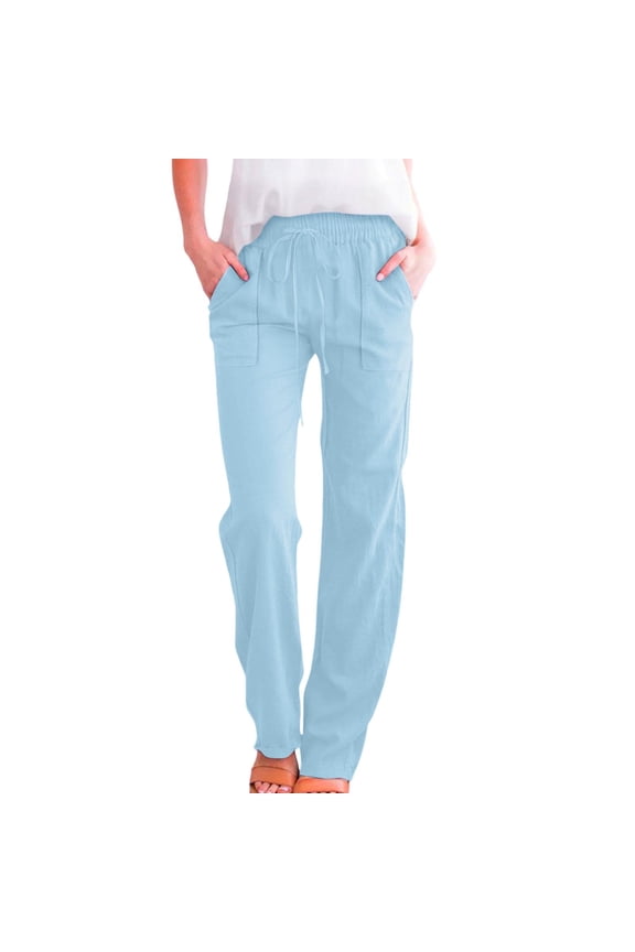 Womens Cotton Linen Pants Lace-Up Elastic Waist Sweatpants Baggy Stretchy Wide Leg Trousers Comfort Lounge Pant Running Cycling Workout with Pockets